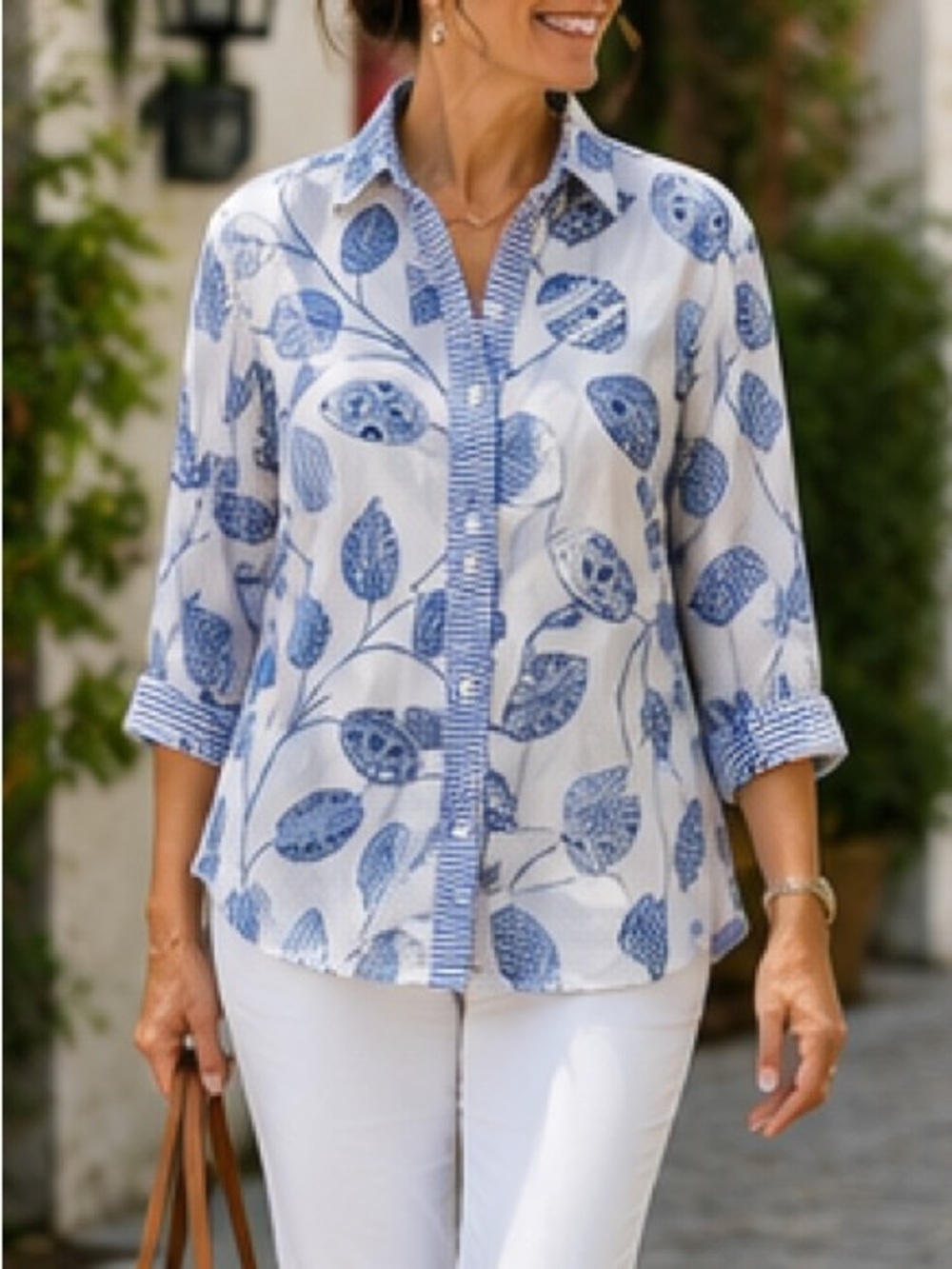 Gretchen Scott blue and white button shirt tunic cotton 3/4 sleeve Size S